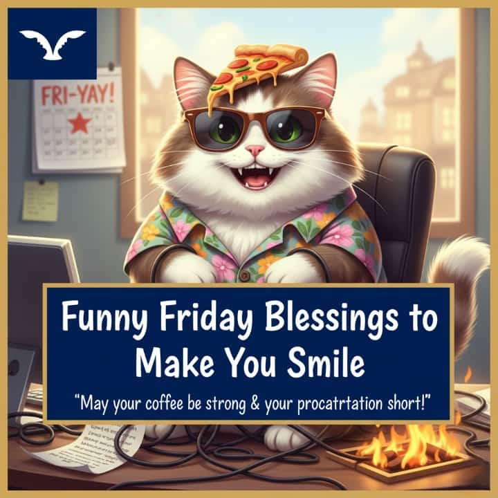 Funny cat wearing sunglasses and a Hawaiian shirt, with a pizza slice on its head, at a messy office desk