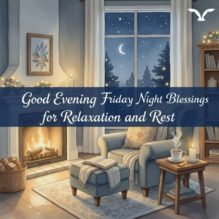 Watercolor illustration of a cozy room with a fireplace and starry night view,