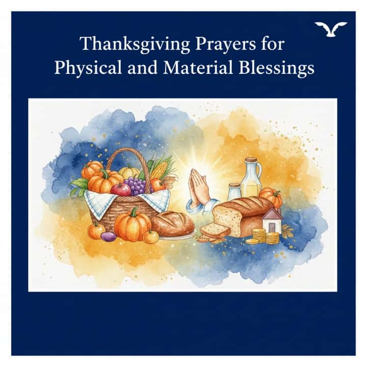 Watercolor illustration of a cornucopia of autumn harvest, bread, oil, coins, and praying hands