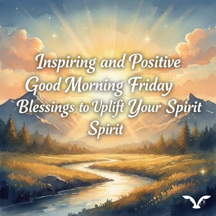 Sunrise over mountains and river, with "Inspiring and Positive Good Morning Friday Blessings to Uplift Your Spirit