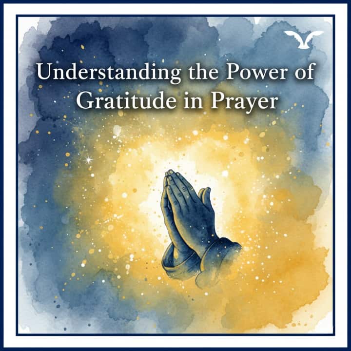 Watercolor painting of praying hands in golden light, with the text "Understanding the Power of Gratitude in Prayer" and a white logo.
