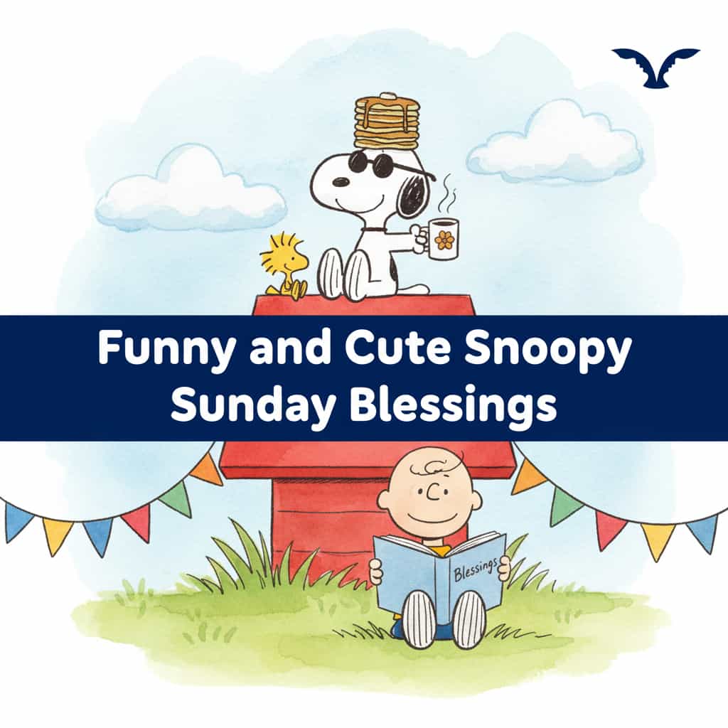 illustration of Snoopy with pancakes and Woodstock on his doghouse,